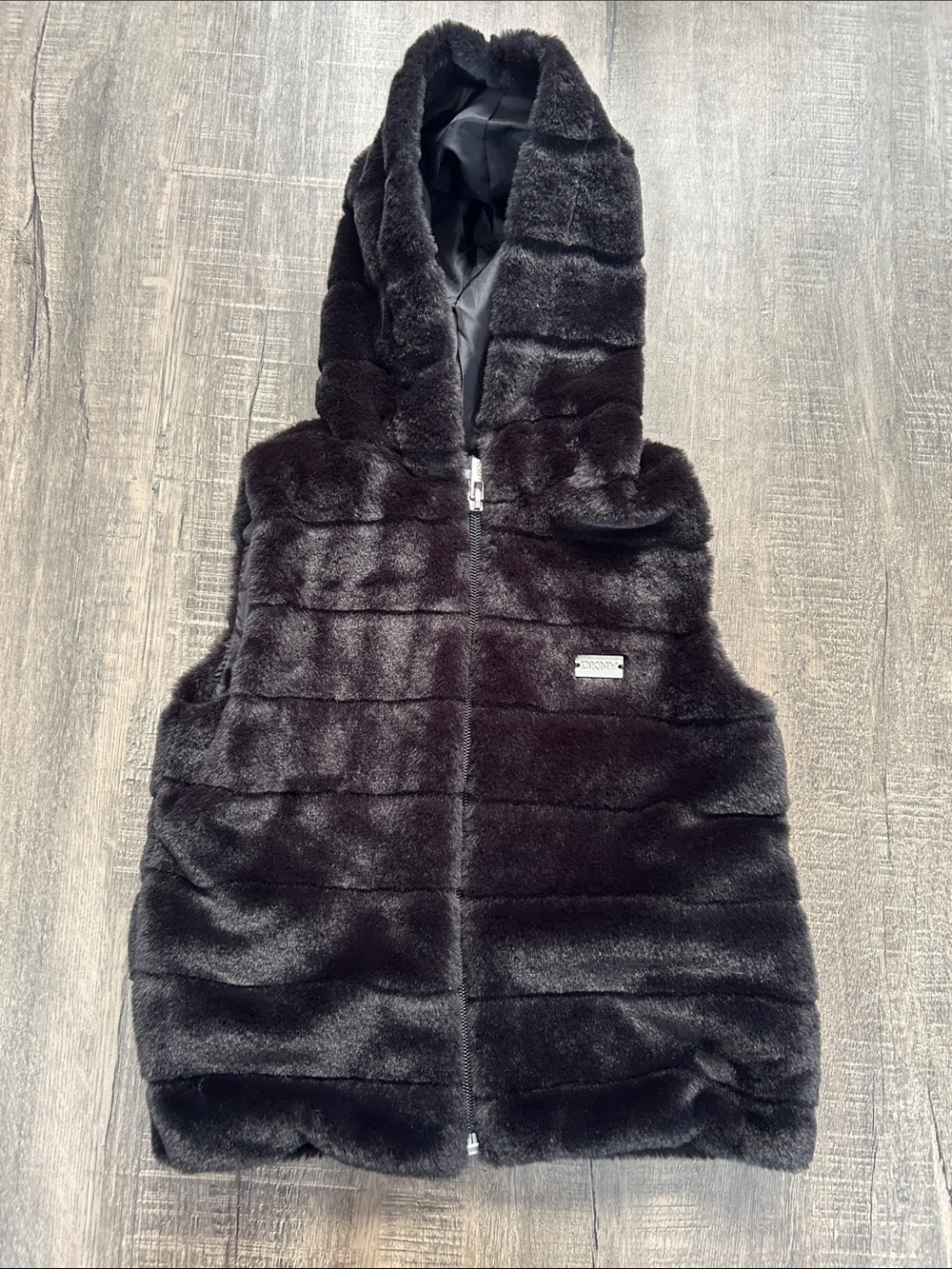 DKNY Black Faux Fur Hooded Vest for Kids